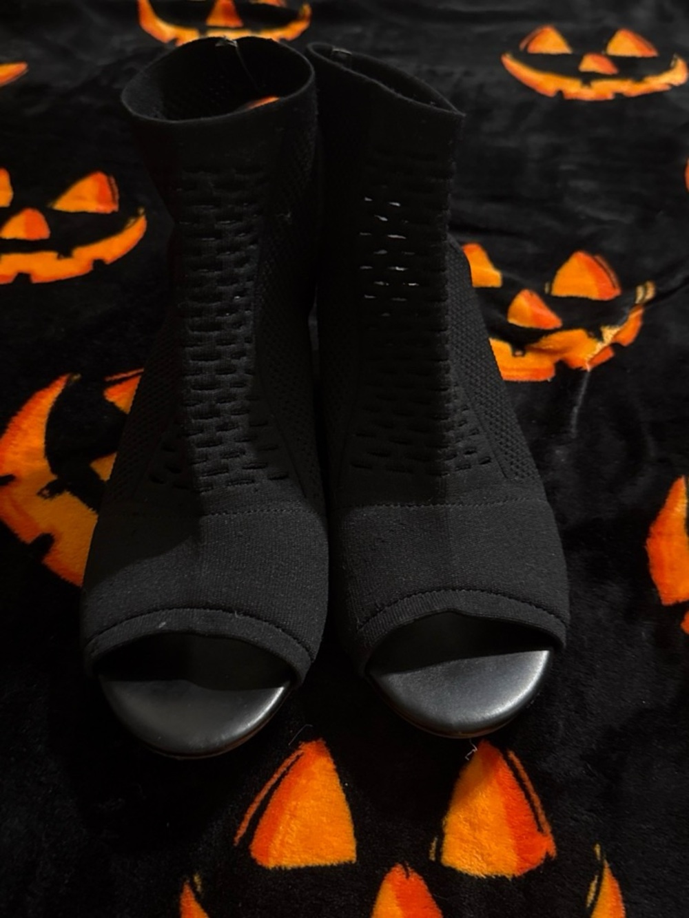 Black Peep-Toe Knit Ankle Booties - Brand Unspecified